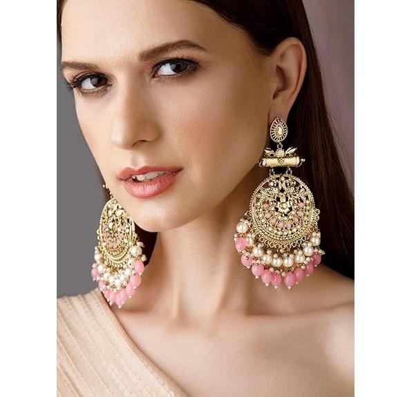 Traditional 22K Gold Plated Handcrafted Crescent Chandbali Earrings with Beads for Women and Girls