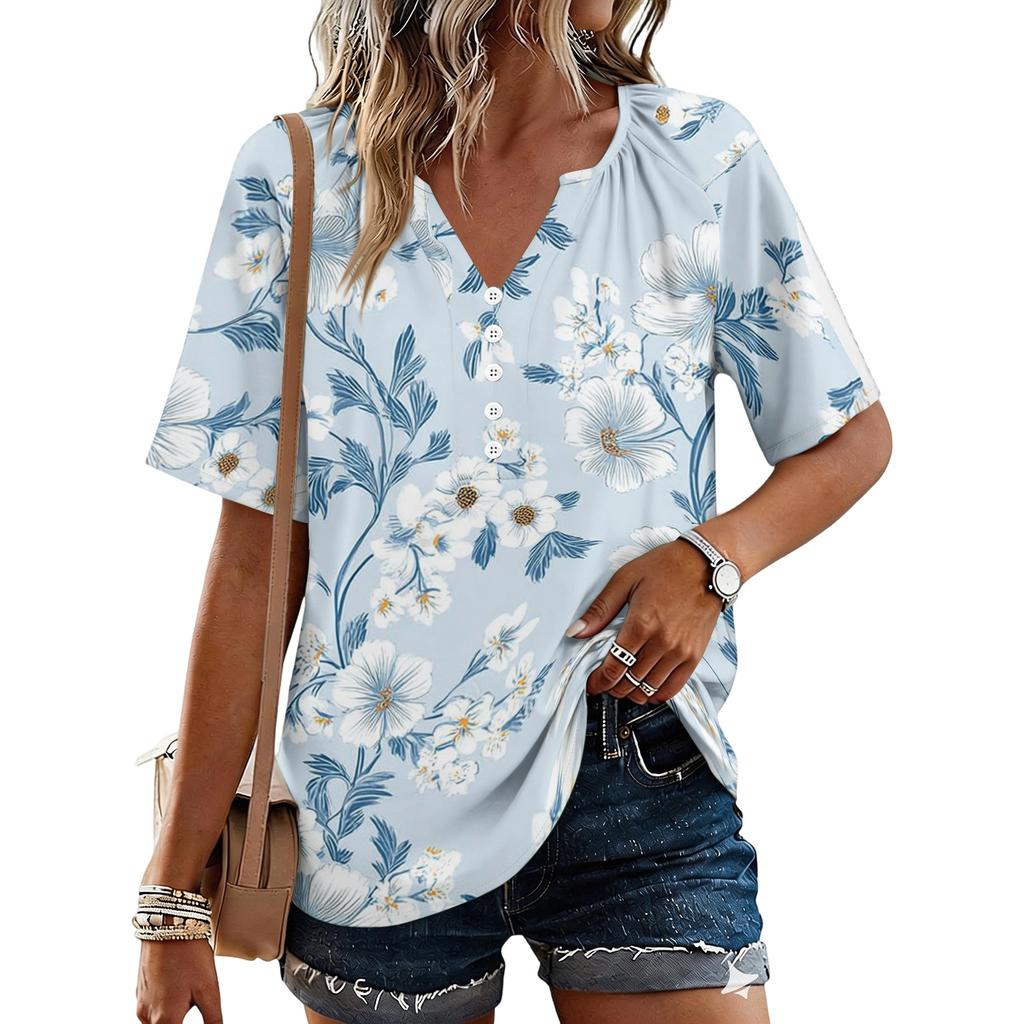 Women's Fashionable Casual Floral Print Button V-neck Short-sleeved Top
