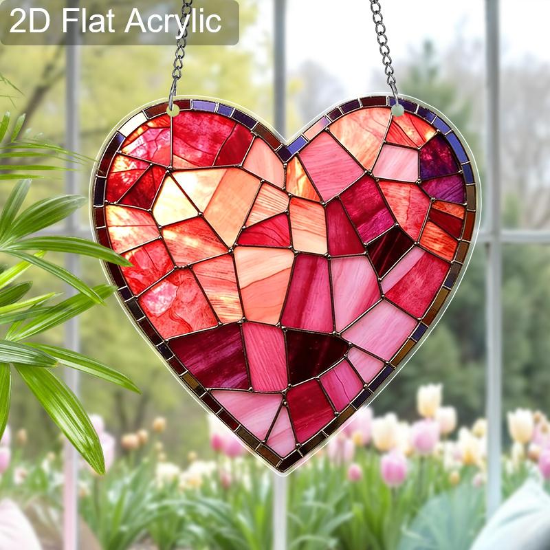 Acrylic Stained Glass Style Heart Suncatcher, 2D Flat Acrylic Window Hanging Ornament for Valentine's Day & Love Themed Gifts