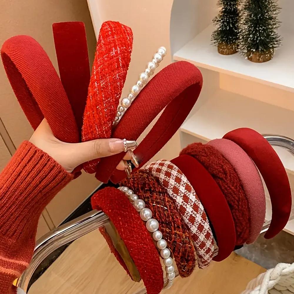 3Pcs Retro Red Women's Headband Velvet Headband Headband With Plaid, Pearl, Plush, Fabric, Knitted Mixed Design Wide Brim Sp
