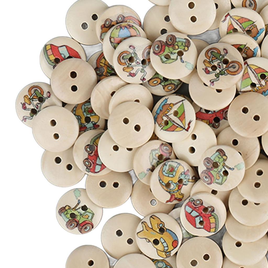 100pcs Mixed Printing Wooden Buttons 2 Holes Round Decorative Wooden Buttons for Sewing Craft
