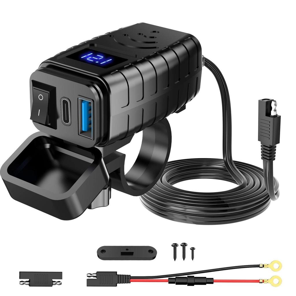 Motorcycle 48W Mobile Phone Quick Charger Waterproof and Dustproof  Intelligent Fast Charging Voltage Display ON/Off