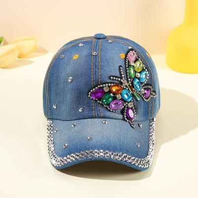 Butterfly Pattern Rhinestone Decor Fashionable Baseball Cap, Women's Sunscreen Washed Denim Trucker Hat for Outdoor for Music Festival