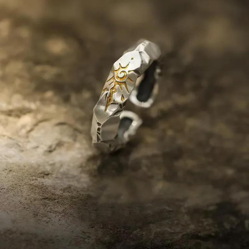 Europe And The United States Retro Carving Geometric Symbols Irregular Cut Pendant Necklace Ring 2 Pcs Of Men Women Jewelry Gift