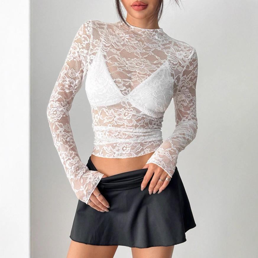 Women's Round Neck Long Sleeve Lace Top Slim Fit Elegant Blouse See Through Floral Lace Hollow Out Casual Shirt