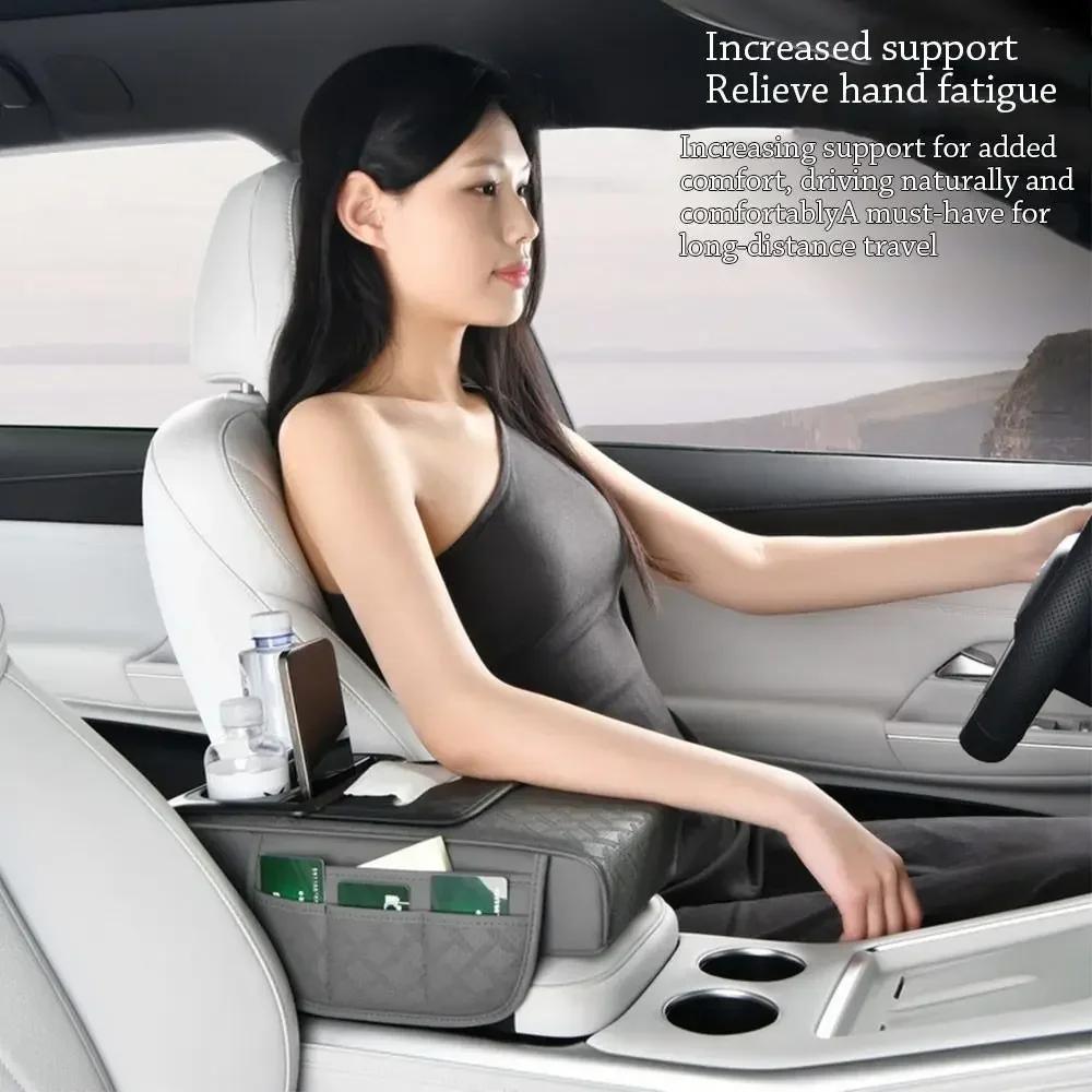 Car Armrest Cushion Extender with Storage Wireless Charging Cup Tissue Holder Multifunctional Interior Accessories Organizer