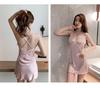 Sexy Pajamas Women's Ice Silk Thin with Chest Pad Lace New Year's Suspender Nightdress Two-piece Summer New Product
