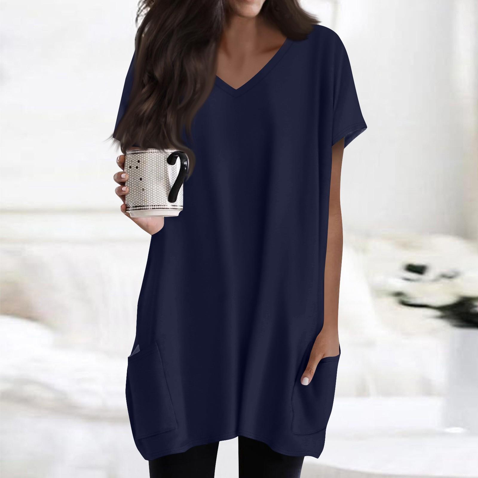 

Женские топы с V-образным вырезом, блузки с коротким рукавом, повседневные рубашки средней длины, модные туники с принтом и карманами S тёмно-синий