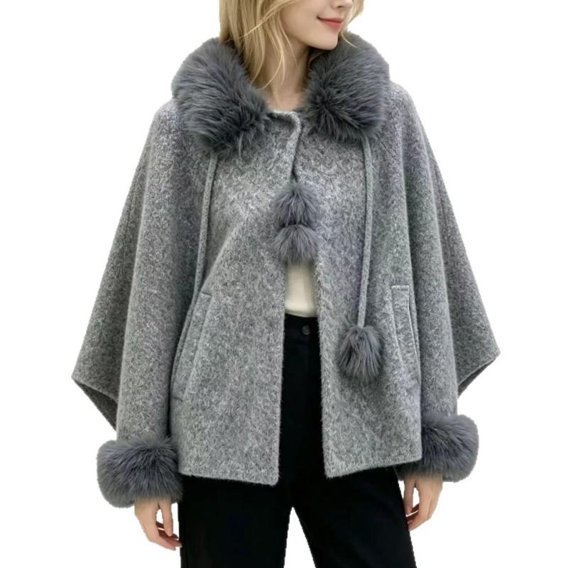 Womens Oversized Hooded Cape Coat Faux Wool Blend Winter Fall Outerwear With Fur Collar