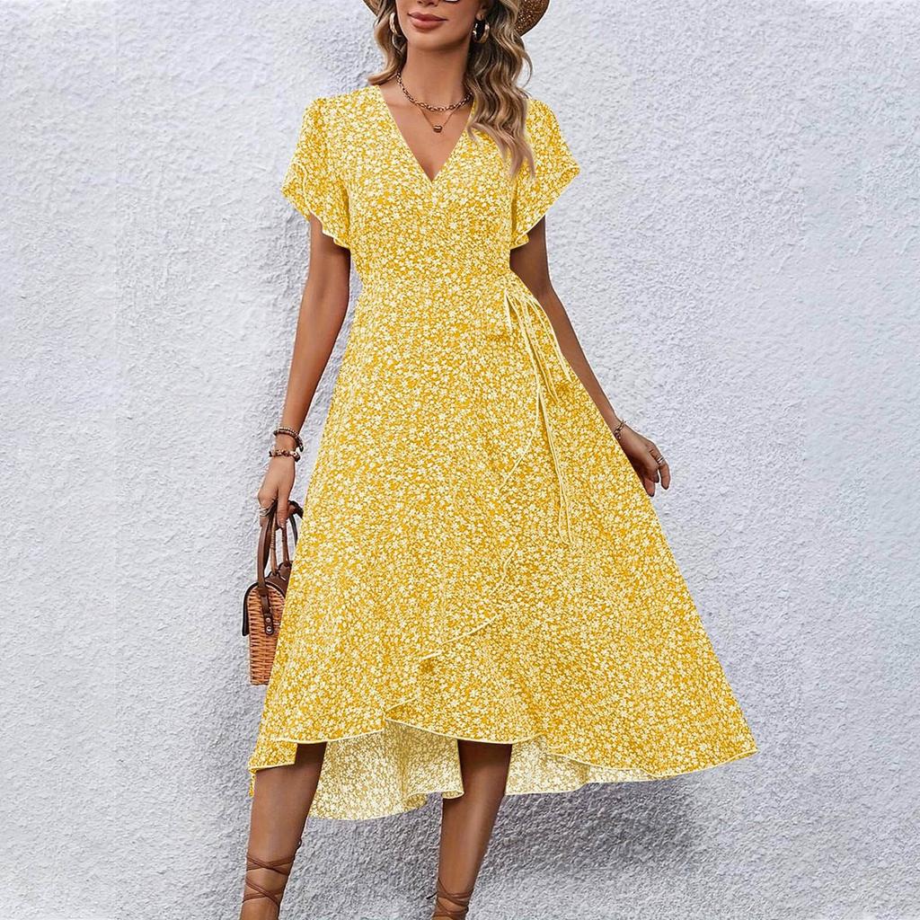 Women's V-Neck Waisted Floral Short Sleeve Dresses