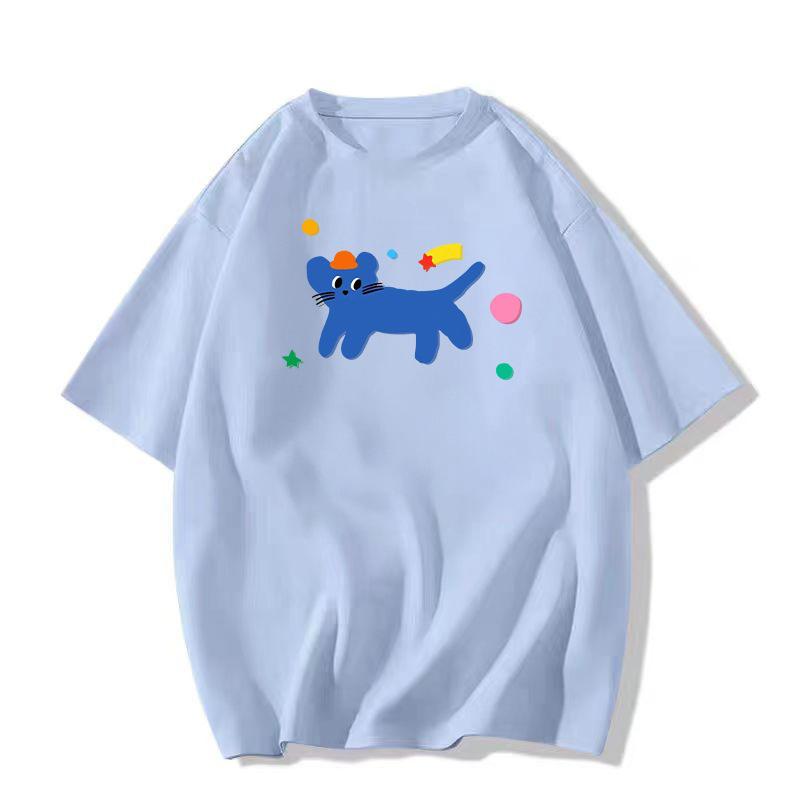 

2025 Women s Pure Cotton White Short Sleeve T-Shirt - Summer Style, Straight Shoulder, American Design, Loose Fit XL Premium светло-синий