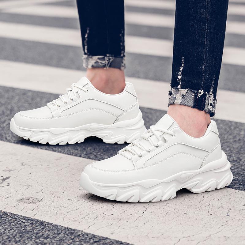 Men's Hidden Height Sports Casual Shoes - Spring Low-Top, Cowhide Upper, Thick Sole, White Running Board Shoes