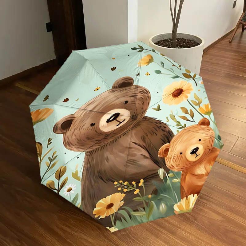 

Floral Bears in Field: Automatic Opening/Closing Umbrella with Foldable Design, Iron Frame for Outdoor Use, Perfect Gift for Fans, Travelers