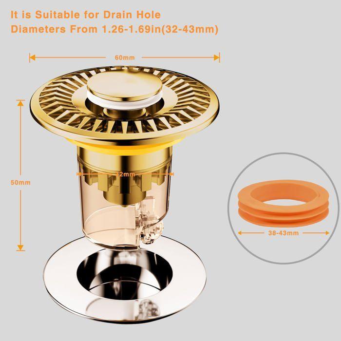 Universal Pop-Up Sink Stopper 32-43 Mm - Gold, Stainless Steel/Brass, Fast Drainage