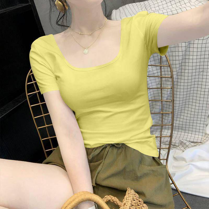 

2025 Summer Korean Style Girls Square Neck Slim Fit Short Sleeve T-shirt, Solid Color, Casual & Versatile 4XL (Recommended 155-175 lbs) светло-желтого