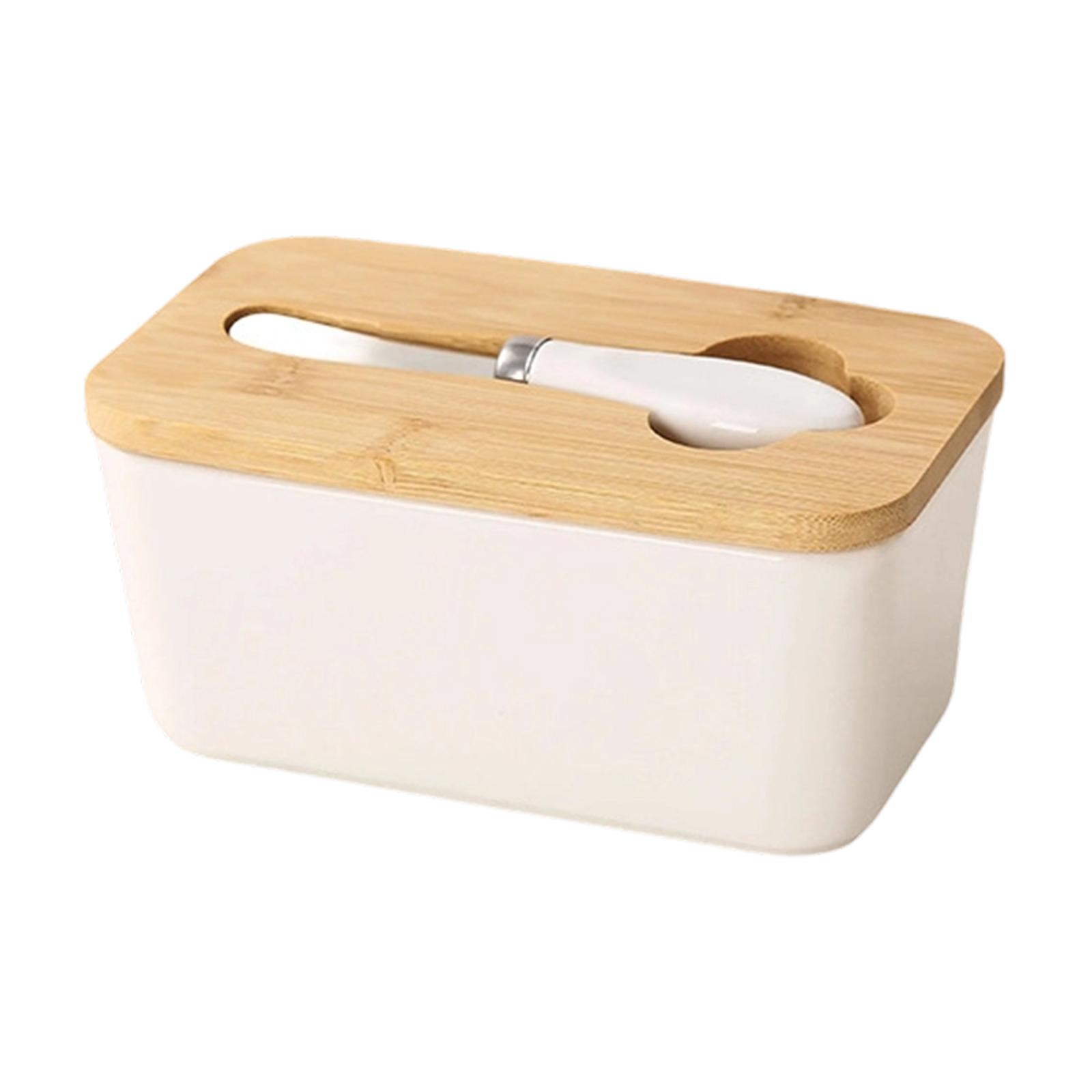 Keramik-Butterdose mit Deckel und Messer Rechteckiger Käselagerbehälter mit Bambusdeckel für den Küchengebrauch one size weiß