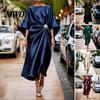 Loose Fit Dress Women Women's Satin Batwing Sleeve Maxi Dress, Rhinestone Accent Crew Neck Outfit Evening Party A Line Formal Wedding Guest