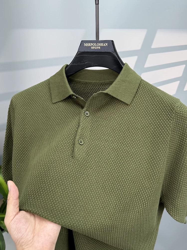 100% Cotton Solid Color Short Sleeve Polo Shirt Summer Breathable Pineapple Pattern Lapel T-shirt High-end Knitted Men's Wear