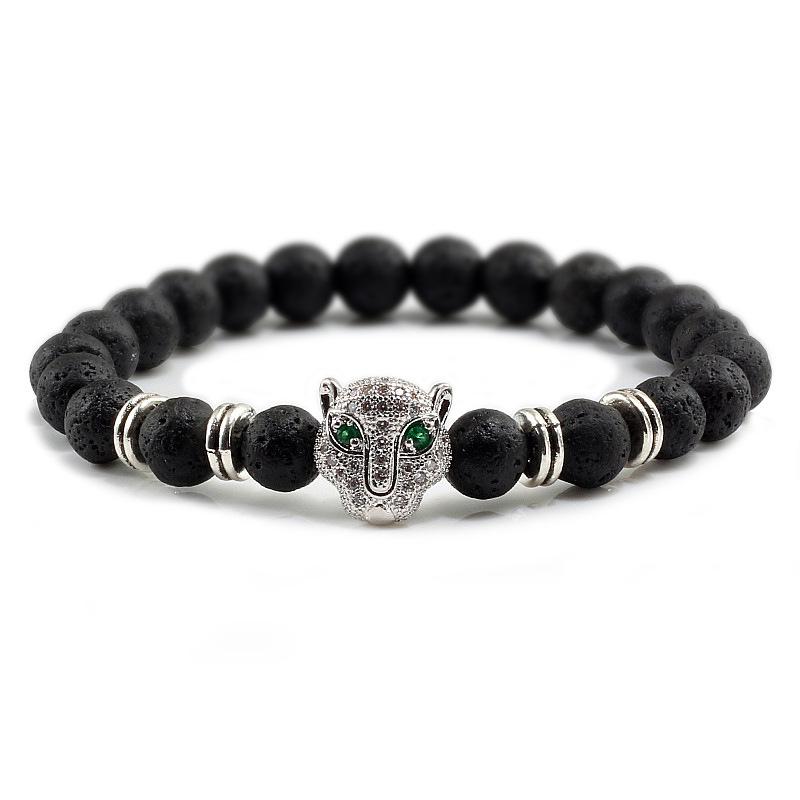Volcanic Stone Beads Bracelet with Leopard Head and Diamond Circle - Trendy Elastic Hand Ornament