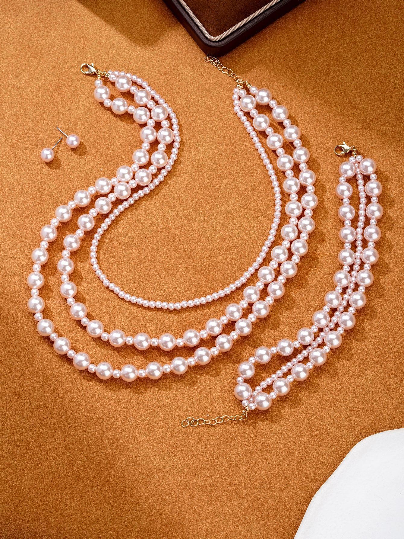 

Multi-layer Shijia pearl temperament versatile elegant necklace bracelet stud earrings three-piece set