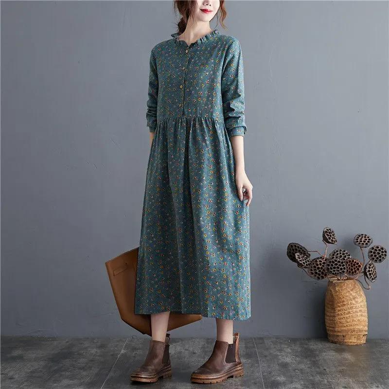 Long Sleeve Cotton Linen Ruffle Vintage Floral Dresses for Women Casual Loose Spring Autumn Dress Elegant Clothing
