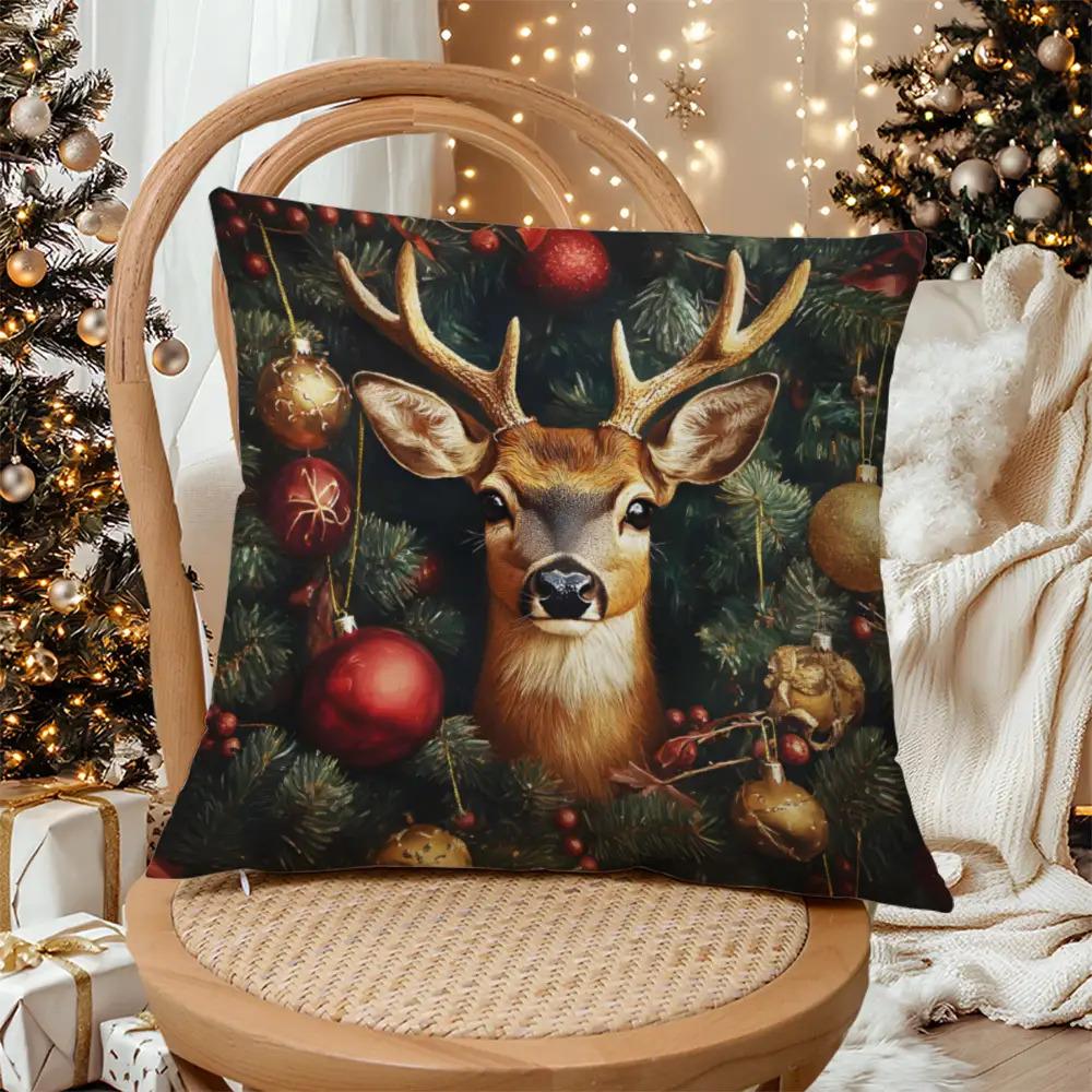 1pc Modern Deer Print Cushion Cover - Soft Short Plush Zippered Pillowcase Suitable for Home, Sofa, Bed & Office Decor, Machine Washable Deer Cover On