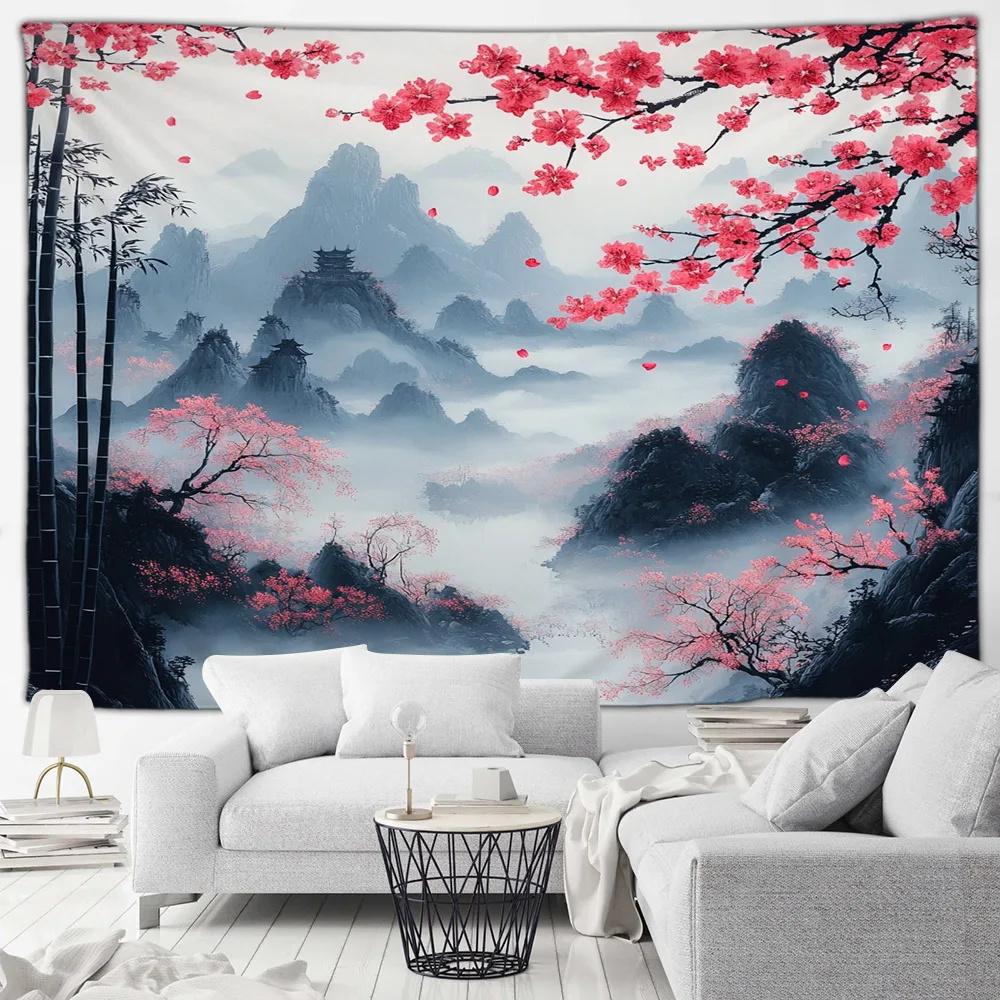 Japanese Scenery Tapestry Cherry Blossom Flowers Misty Landscape Chinese Style Wall Hanging Art Decoration Home Decor Background