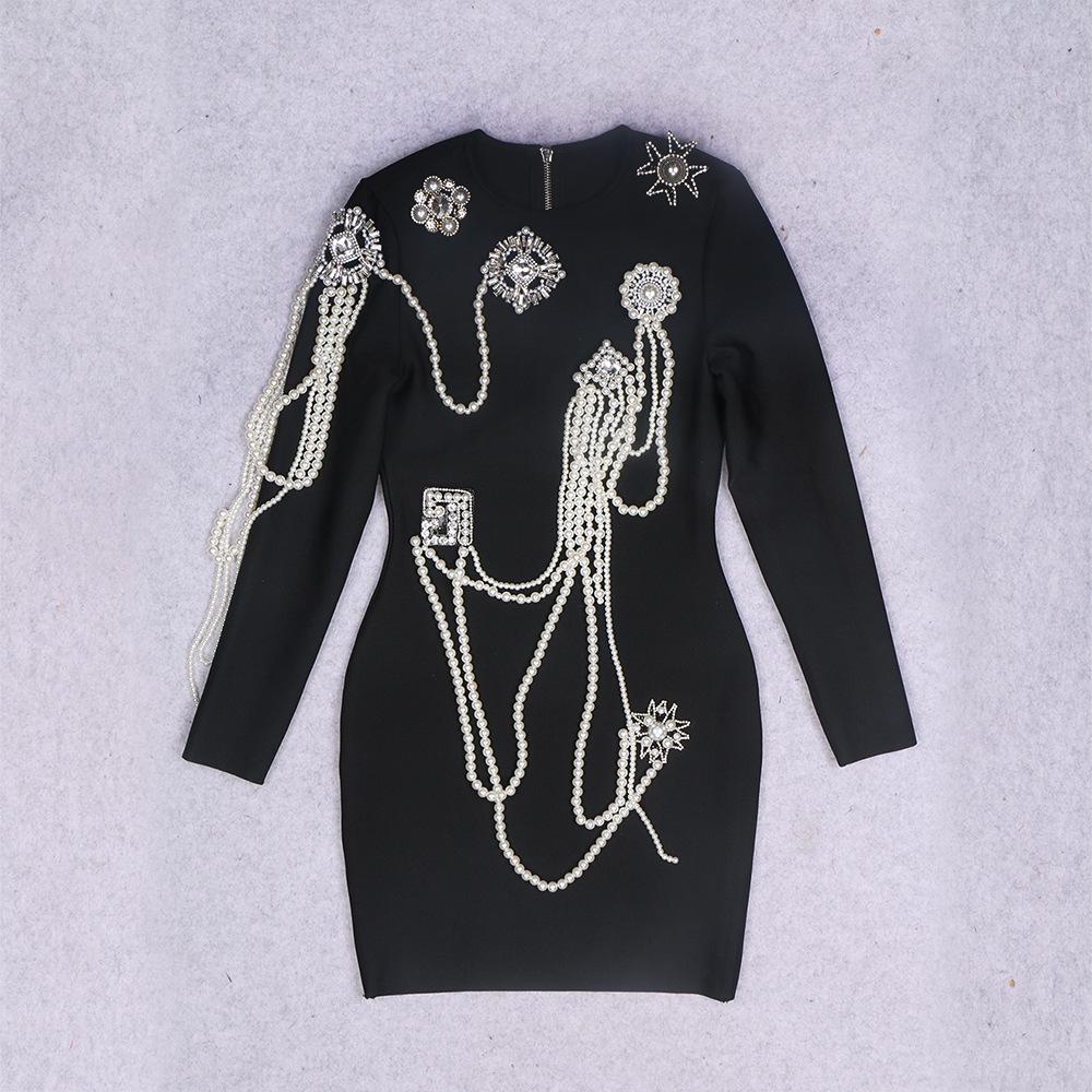 2024 Euro-American Beaded Sleeve Slim Bodycon Mini Dress