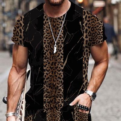 Summer Round Neck 3D Leopard Print Personalized Abstract Geometric Patterns Print Top Fashionable Casual Short Sleeved Men's T-shirts