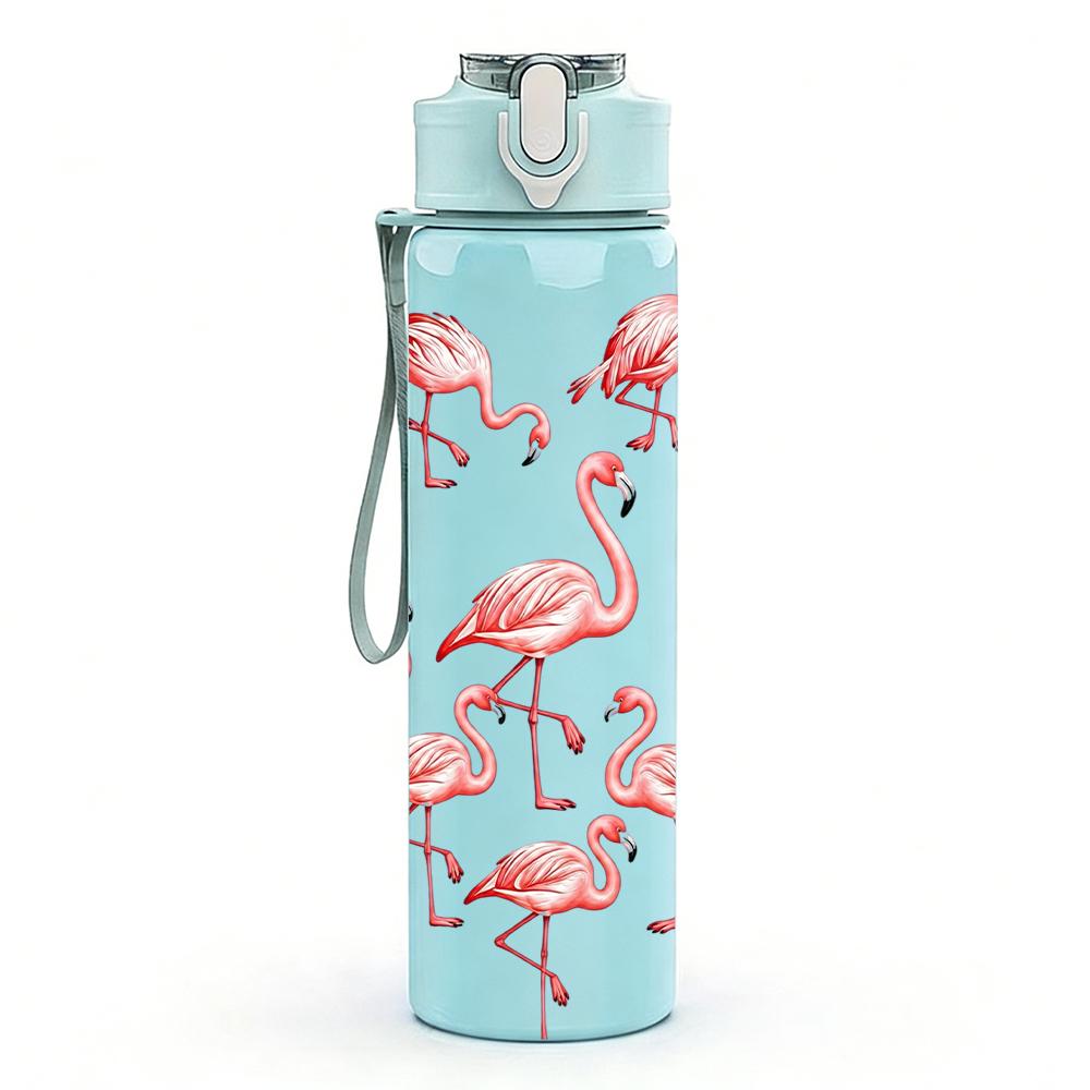 1 Stück Flamingo-Gruppe Herzform 750ml Farbe Kunststoff Sport-Wasserflasche Auslaufsicher Klappdeckel mit Strohhalm Geeignet für Sport, Büro, Heimgebrauch
