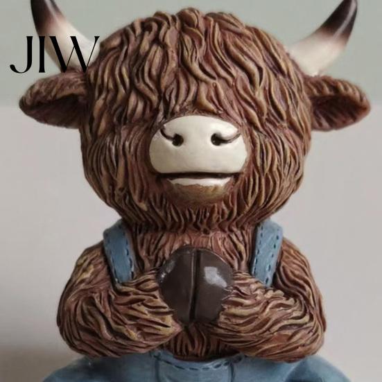 Pastoral Home Accents Yoga Highland Cow Resin Figurine, Farmhouse Style Overalls Statues, Waterproof Crafted Collectibles Garden Ornament for