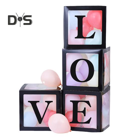 4 Stück Ballonbox zum Selbstzusammenbauen, transparente Papierbox, Ballonbox mit Buchstaben, wiederverwendbar, stapelbar, Würfel, dekorative Box für Party, Hochzeit, Geburtstag