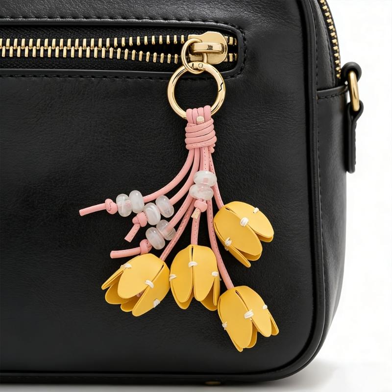 Elegant Tulips Shaped Leather Keychain With Beaded Accent For Bags And Keys Stylish Accessory Gift