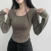 tops Women's Korean Fashion Tops Cut and Sew Long Sleeve Cropped Short Length Slim Stretch Plain Solid Color Affordable Simple Feminine Casual Autumn