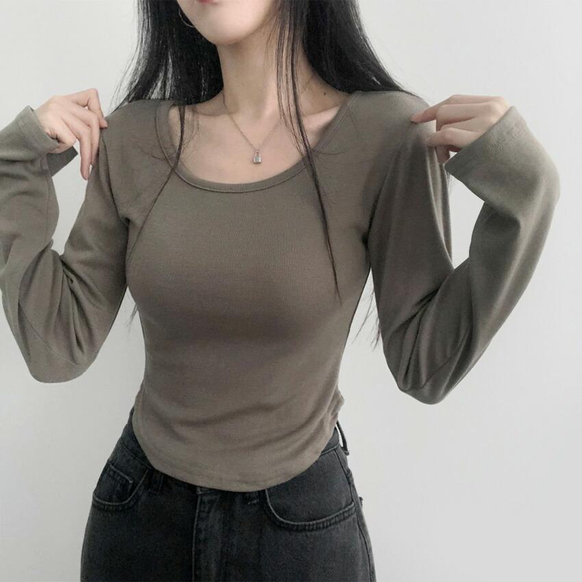 tops Women's Korean Fashion Tops Cut and Sew Long Sleeve Cropped Short Length Slim Stretch Plain Solid Color Affordable Simple Feminine Casual Autumn
