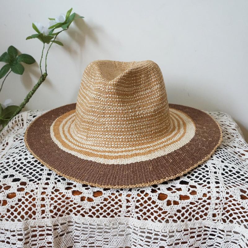 Korean Version Retro Orange Brown Striped Vacation Beach Jazz Top Hat Women'S Summer Sunshade And Sun Protection Travel Straw Hat