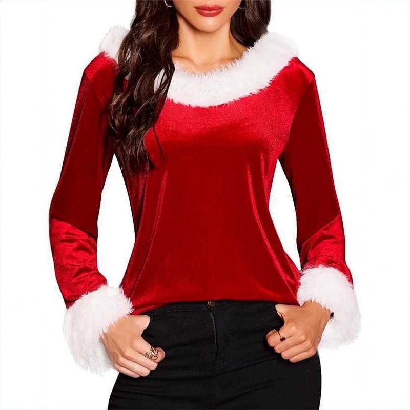 Velvet Plush One-Shoulder Christmas Women's Top: Long Sleeve Festival Party Outfit