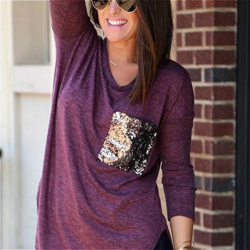 Long Sleeved Tshirt Long Sleeve Blouse Tshirt Pocket Jacket Sequin Glitter