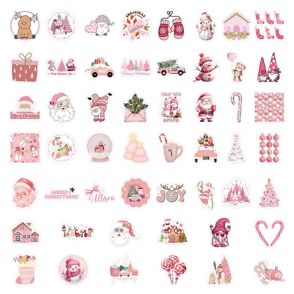 50PCS Pink Christmas Graffiti Stickers: Cute Santa & Snowman Decorations, Girly Style, Waterproof Decals