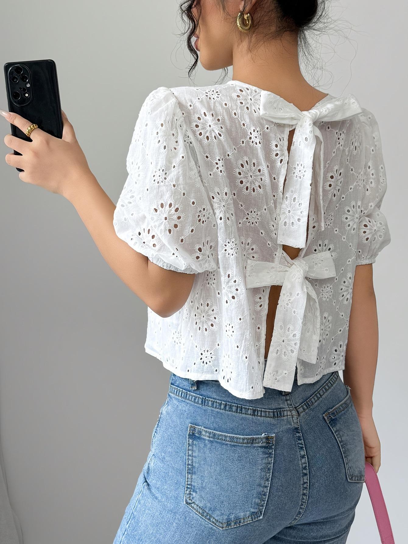 

Spring and Summer Women Solid Color Lace Up Short Sleeve Minimalist Casual Blouse M белый