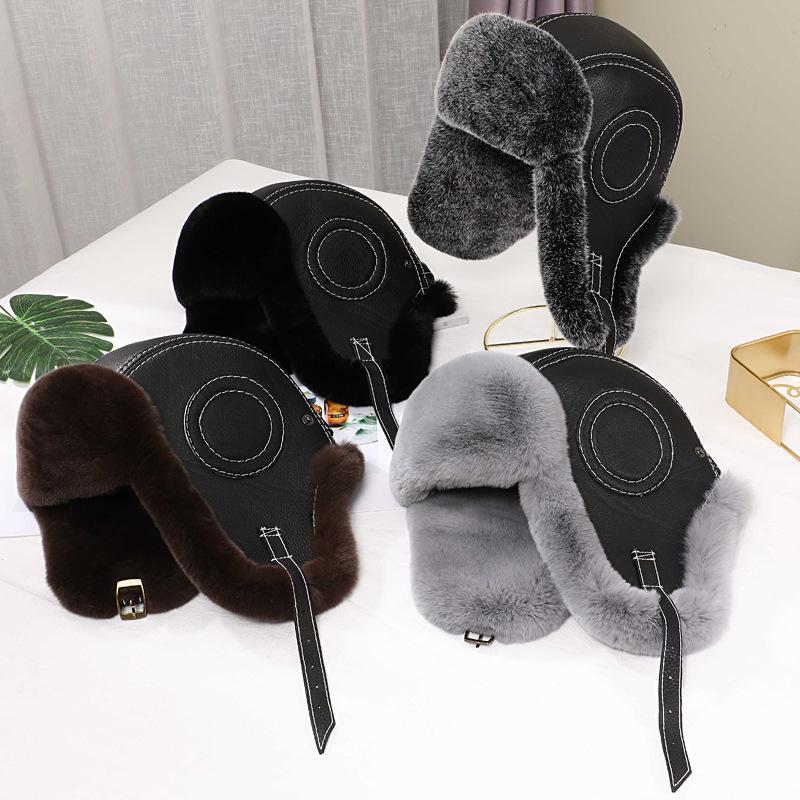 New Winter Men's Rex Rabbit Fur Bomber Hat Ushanka Cap Trapper fluffy Man Ski Hats Caps Real Sheepskin Leather