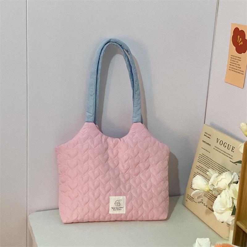 Simple Quilted Love Women's Shoulder Bag Sweet Casual Girls Book Tote Bags Solid Color Large Capacity Female Handbags Purse