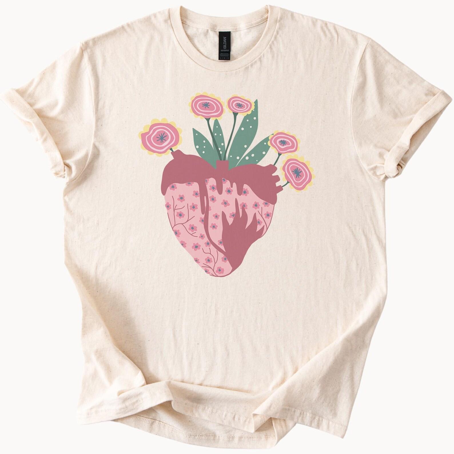 Floral Heart Graphic T Shirt Botanical Heart with Flowers Artistic Nature Inspired Shirt Cute Pink Flower Heart Tee Gift for Her 160