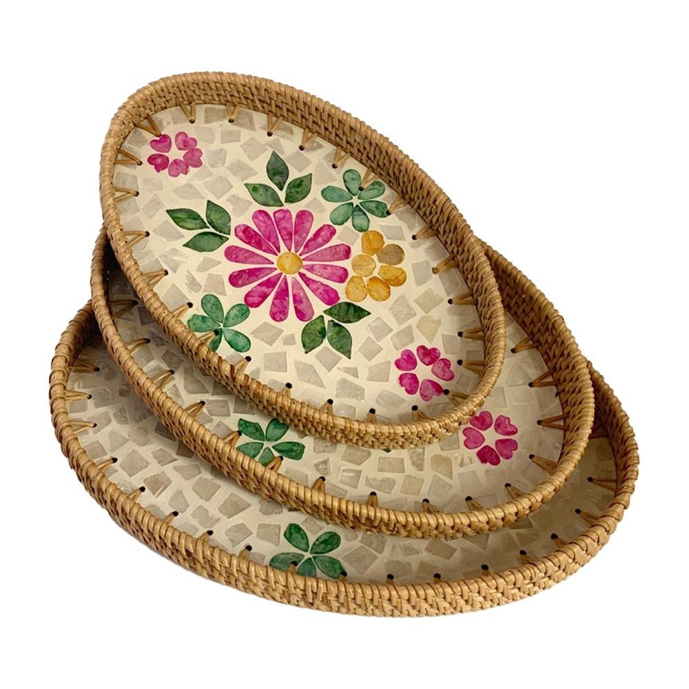 3Pcs Plant Fiber Serving Tray Woven Texture Breathable Structure Decorative Snack Tray Flat Tray Sturdy Fruit Tray Tea-Time Use