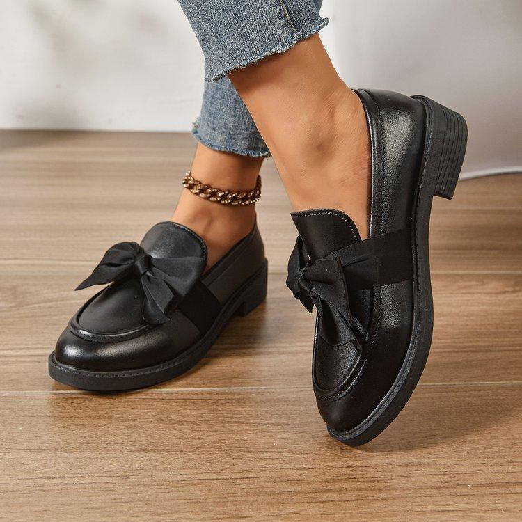 Women's Patent Leather Bow Loafers Round Toe Low Block Heel Slip-On Casual Oxford Shoes