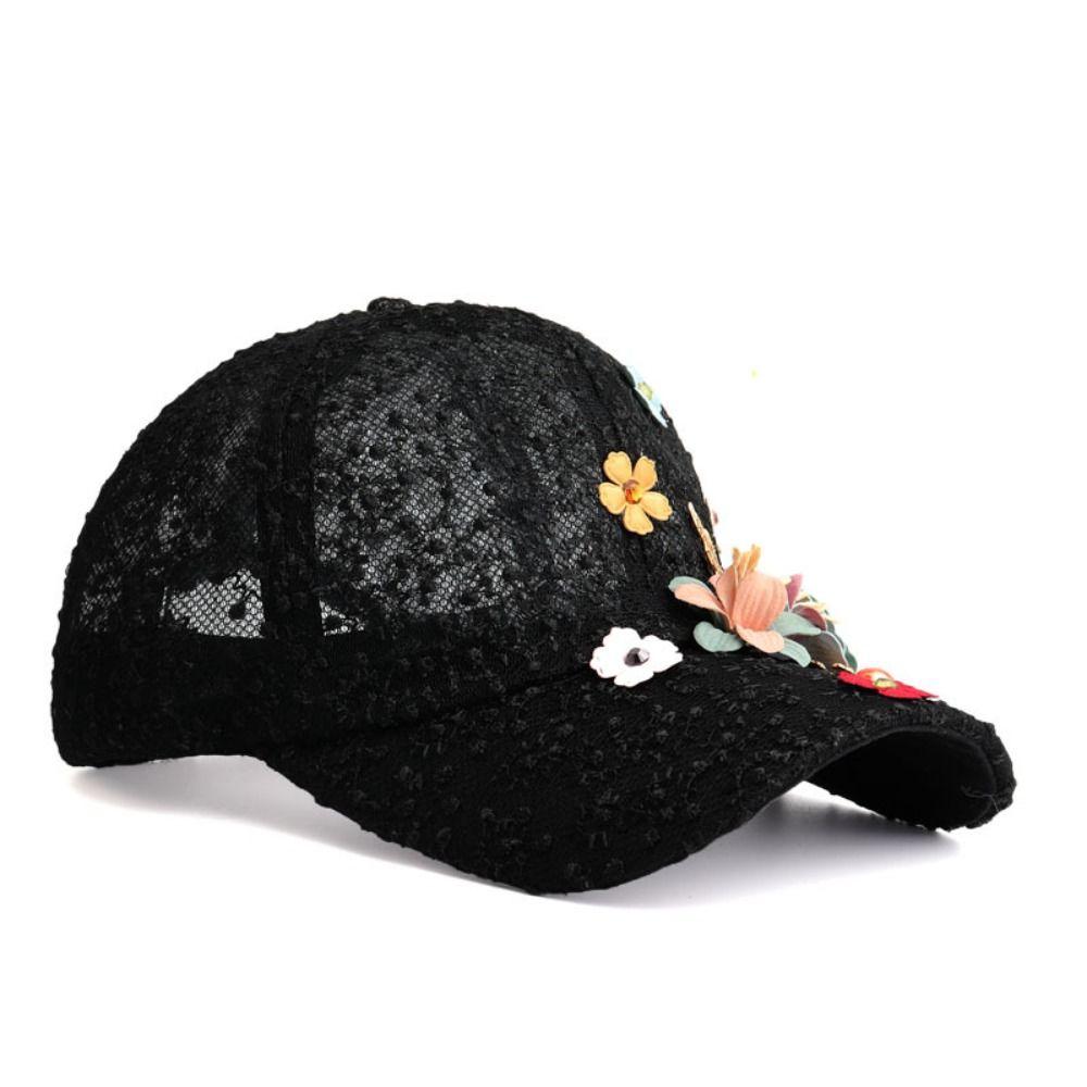 Breathable Mesh Baseball Hat Flower Decor Outdoor Sun Hat Floral Lace Baseball Cap  For Women Girls