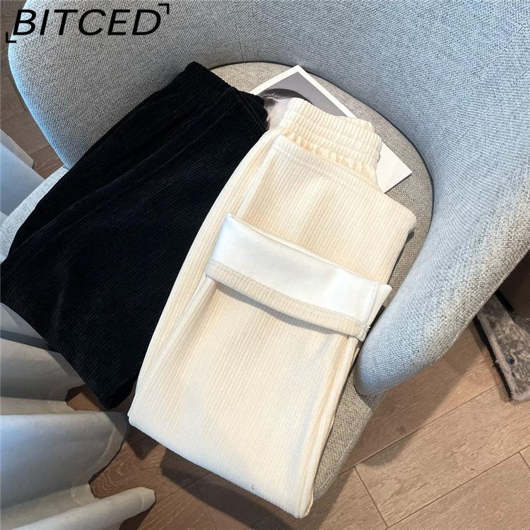 BITCED Women's Cream Beige Chenille Wide-Leg Trousers Women's Autumn/Winter Fleece-Lined Corduroy Trousers Straight-Leg Casual Trousers