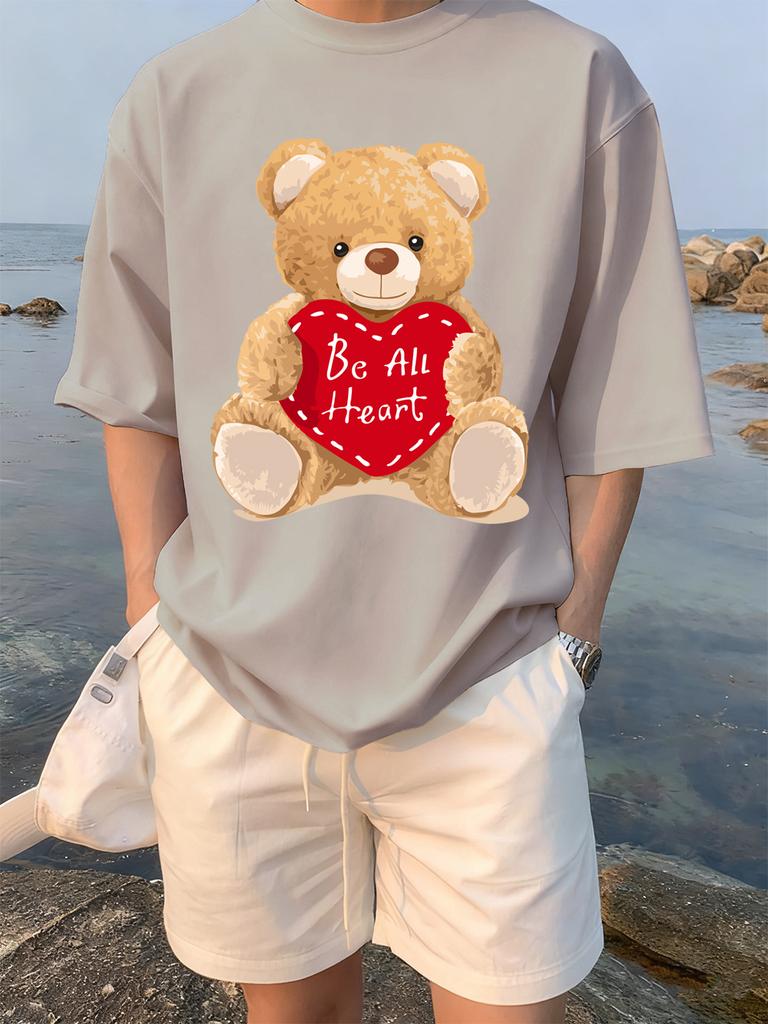 Cartoon Bear Gives You His Heart Prints TShirts Womens Summer Cotton Tops ONeck Soft Loose Short Sleeve Tees Casual Clothes