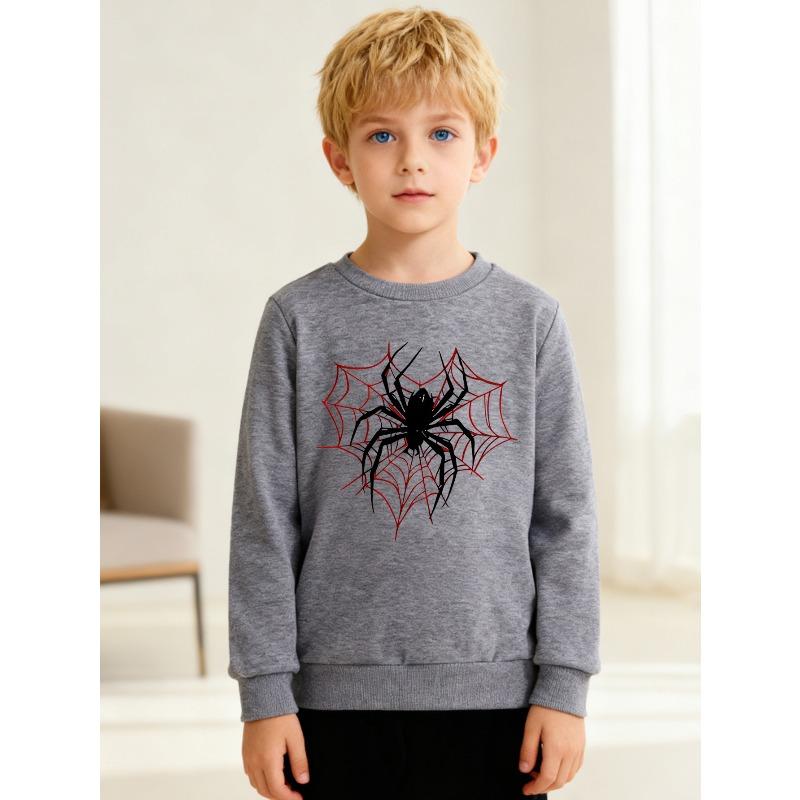 European Sizes Kids' Round-neck Long-sleeve with Cartoon Spider Print, Suitable for Daily Casual Wear and Outdoor Activities