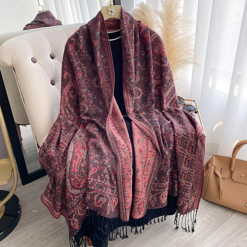 Fashion Women'S Winter Warm Cashmere Shawl - Vintage Floral Oil Painting Printed Tasseled Pashmina Thick Wrap